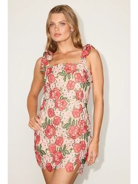 NWOT Just Me Delyn Beige Multi 3D Floral Crochet Mini Dress S